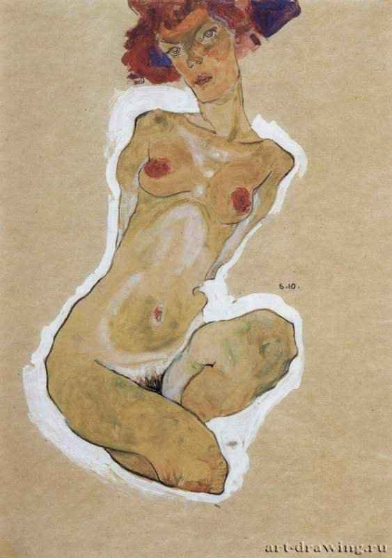 Обнаженная на корточках. 1910 - 44,4 x 31 смБумага, мел, пигментЭкспрессионизмАвстрияВена. Собрание Леопольд