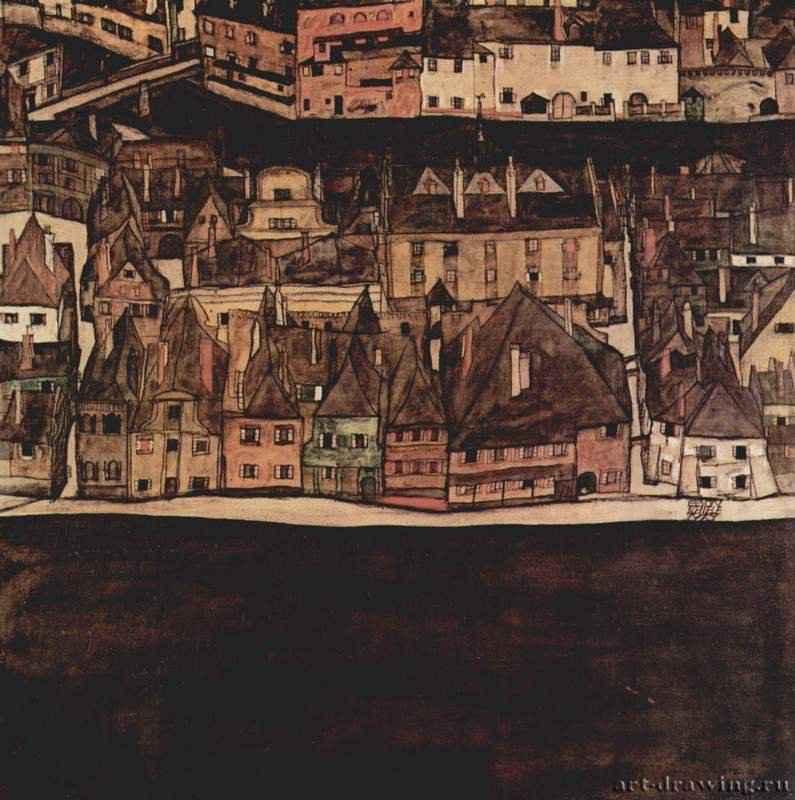 Городок II (Вид на Крумау) 1912-1913 - 89,5 x 90,5 смХолст, маслоЭкспрессионизмАвстрияГрац. Собрание Виктора Фогарасси