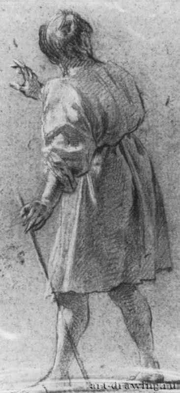 Идущий мужчина с палкой, фигура со спины. 1640 - 359 x 276 мм. Черный и белый мел на бежевой бумаге. Франкфурт. Художественный институт Штеделя, Гравюрный кабинет. Франция.