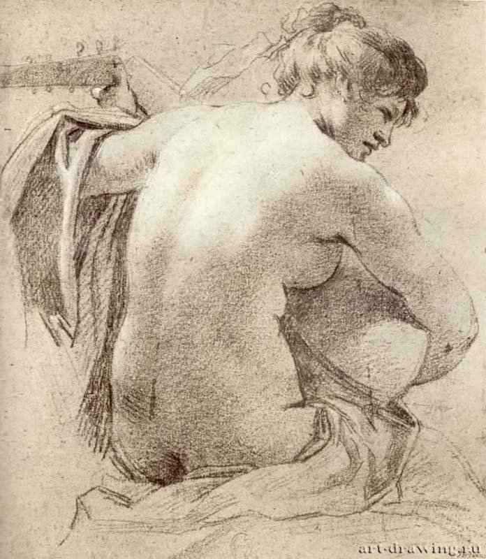 Обнаженная, играющая на лютне. 1640 - 1649 - 280 х 230 мм. Черный мел, подсветка белым, на бумаге. Париж. Национальная библиотека, Кабинет гравюр. Франция.