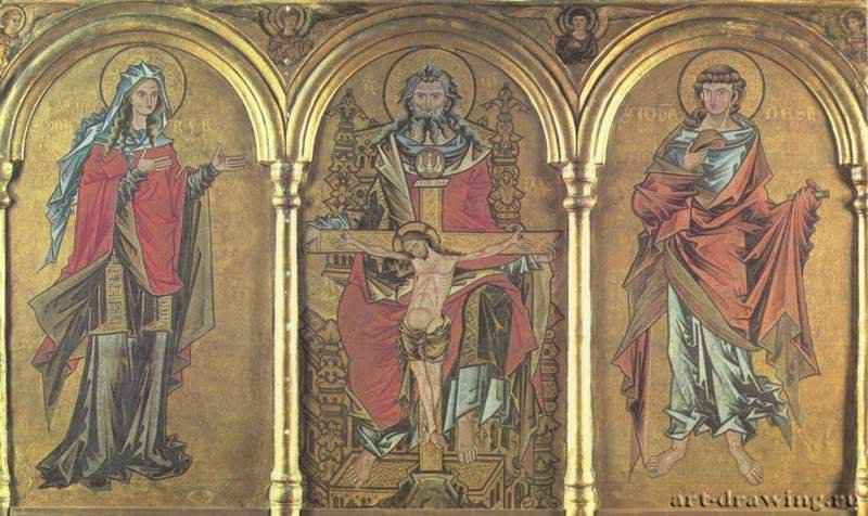 Иконостас с Марией и евангелистом Иоанном, общий вид, левая створка. Мария, Бог-Отец на престоле с распятым Христом, Иоанн.