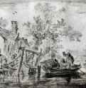 Берег реки. 1653 - Черный мел, отмывка кистью серым тоном, на бумаге 172 x 272 мм Лувр Париж