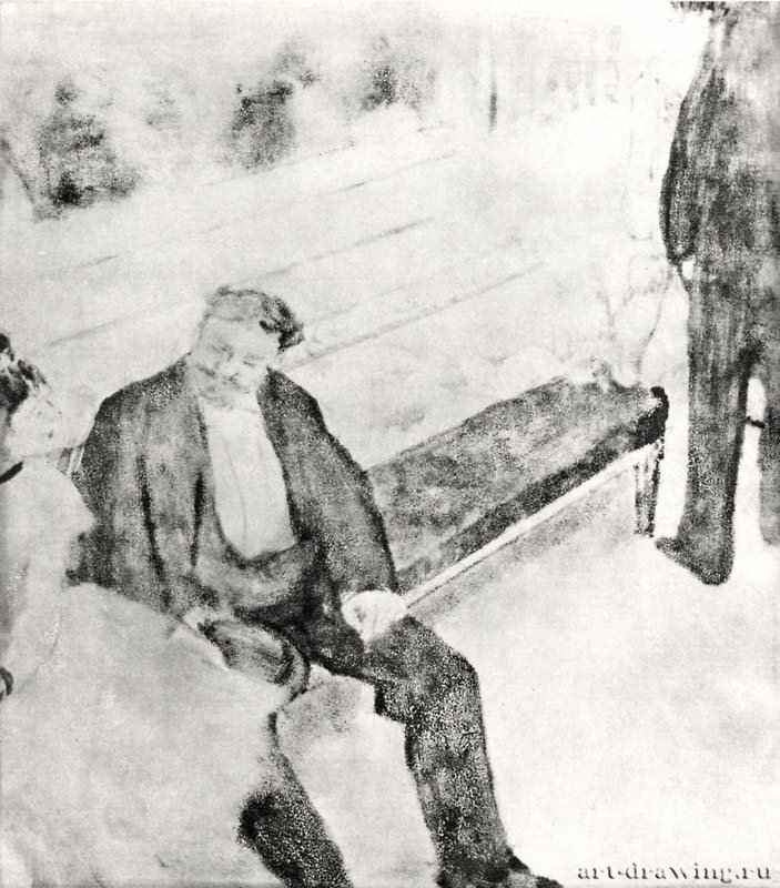 Двое мужчин с танцовщицами. 1879-1880 - 310 х 273 мм Монотипия, оттиск чёрным на белой бумаге Париж. Лувр, Кабинет эстампов Франция