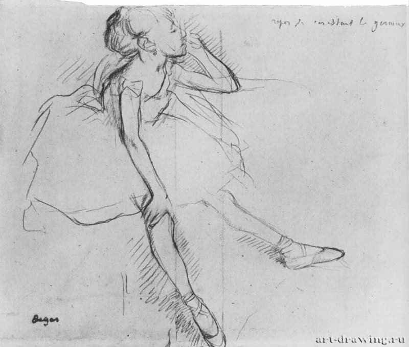 Отдыхающая маленькая балерина. 1878-1880 - 250 x 294 мм Уголь на желтоватой бумаге Миннеаполис (штат Миннесота). Институт искусств Франция
