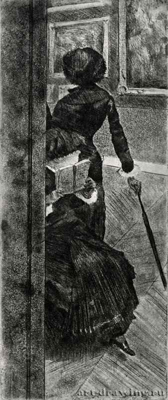 Мэри Кэссет в картинной галерее Лувра. 1879-1880 - 301 х 125 мм Офорт, акватинта, гравюра сухой иглой и электрический карандаш Чикаго (штат Иллинойс). Художественный институт, Отдел гравюры и рисунка Франция