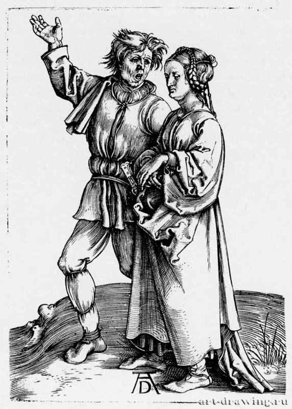 Дюрер Альбрехт: Крестьянская пара 1496-1497. 10,8 х 7,7. Резцовая гравюра на меди.