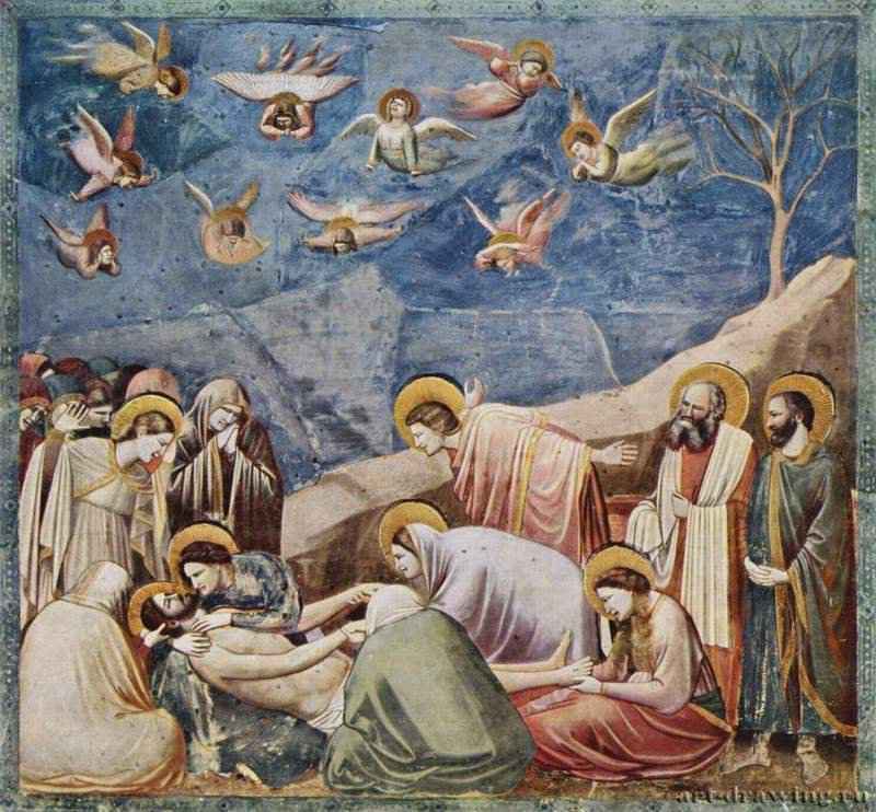 Цикл фресок капеллы Арена в Падуе (капелла Скровеньи). Оплакивание Христа, 1304-1306. - Фреска. Готика, раннее Возрождение. Италия. Падуя. Капелла Скровеньи алл'Арена. Группа мужчин и женщин, окруживших тело Христа, оплакивают его смерть, парящие над ними ангелы ожидают возвращения Спасителя на небеса. Скорбь Марии, склонившейся над мертвым сыном, находит отзвук в драматизме жестов других персонажей композиции, в ее напряженной экспрессии и звучном колорите. Джотто был решительным реформатором живописи. Он первым начал ориентироваться на изображение окружающей реальности, передавая на двухмерной живописной поверхности глубину пространства, пластику фигур и человеческие переживания. Оплакивание, относящееся к циклу фресок на тему жизни Богоматери, представляется одним из самых замечательных произведений в истории западноевропейского искусства. Наряду с Чимабуэ Джотто часто рассматривают как провозвестника современной живописи, порвавшей с принципами плоскостного, статического иконного изображения. В 1334 году Джотто был назначен руководить строительством флорентийского собора и городских укреплений. Но это назначение явилось скорее данью уважения огромной славе художника, чем соответствовало его познаниям и опыту в области архитектуры.