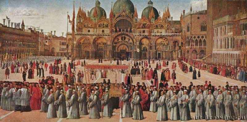 Беллини Джентиле: Процессия на площади Сан Марко. 1496 -  367 x 745 см Холст Возрождение Италия Венеция. Галерея Академии