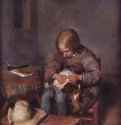 Мальчик ищет блох у своей собаки. Вторая треть 17 века - 35 x 28 смХолст, деревоБароккоНидерланды (Голландия)Мюнхен. Старая Пинакотека