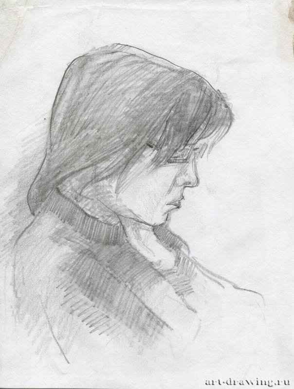 Портрет девушки, 2008 г. - Карандаш, бумага; 12,96 x 17,18 см. Частная коллекция. Москва. Россия. «Серия работ в московском метрополитене»