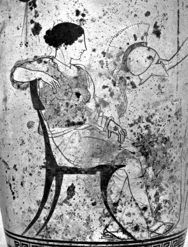 Мастер Ахиллеса. Рисунок на аттическом лекифе из Эретрии. Около 450 до н.э. Национальный археологический музей. Афины. Фрагмент.